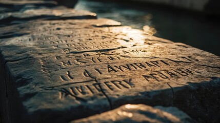 Naklejka premium Latin inscriptions etched into Roman bridge stone worn but visible sunlight highlighting depth