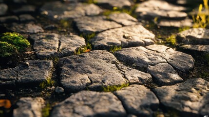 Rough cracked Roman road mortar moss and grass in gaps bright natural light showing texture