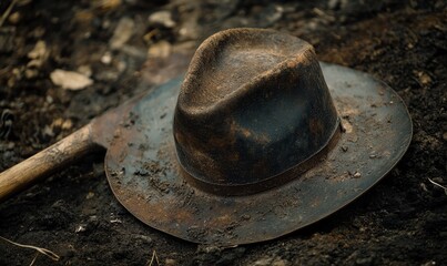 Hat resting on a shovel