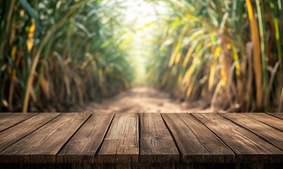 Fototapeta premium The empty wooden brown table top with blur background of sugarcane plantation. Exuberant image., for montage or display products