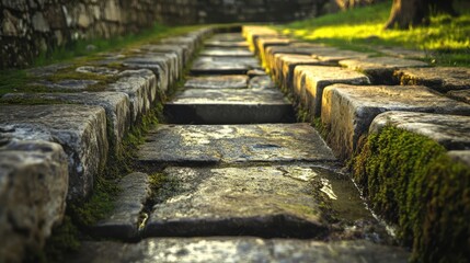 Fototapeta premium Detailed Roman road drainage channels stone gutters worn by time moss visible soft light showing texture