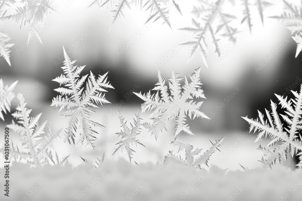 Poster frost patterns adorn a windowpane as sunlight filters through during a chilly winter morning, creati