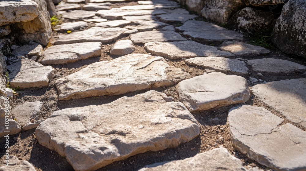 Canvas Prints Close-up of Roman road foundation stones rough and cracked bright sunlight casting strong shadows