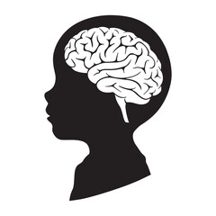 Silhouette of a child with a brain shape isolated on white background. Vector illustration