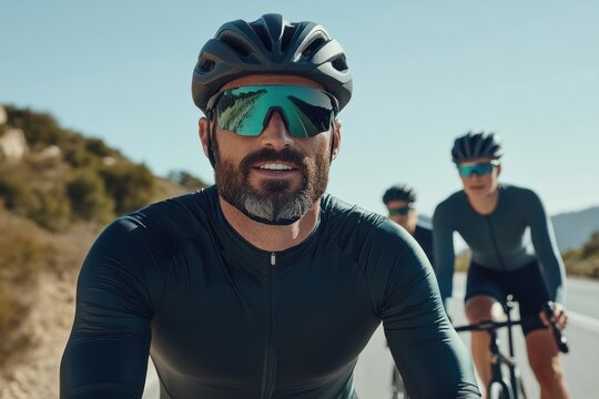 Cyclists riding on a scenic road in bright daylight, showcasing determination and teamwork during an outdoor cycling event