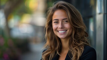 Fototapeta premium Businesswoman in formal wear, exuding confidence and happiness, smiling to the side in a modern outdoor environment