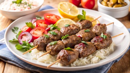 Delicious lamb kofta skewers served on rice with fresh vegetables and lemon at a family gathering