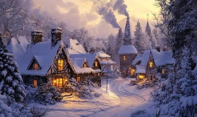 Fototapeta premium Snow-covered village with warmly lit windows and smoke rising from chimneys.