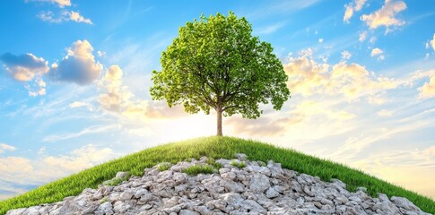 Tree growing with sunrise. Green world and Earth Day concept.