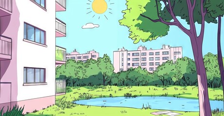 Sustainable green city development concept with lush vegetation and modern housing. Beautiful surroundings for a future lifestyle.