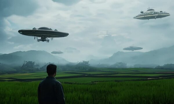ufo flying over the field, UFO Hovering Over City Street with People Looking Up
