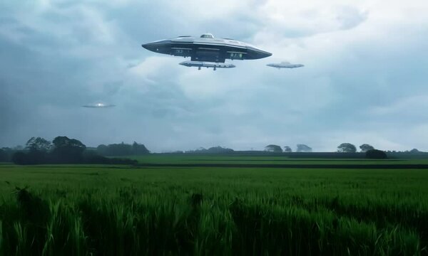 ufo flying over the field, UFO Hovering Over City Street with People Looking Up
