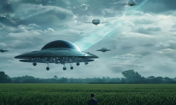 ufo flying over the field, UFO Hovering Over City Street with People Looking Up
