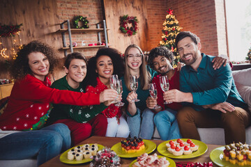 Photo of cheerful young people friends group sit sofa drink champagne toast celebrate cozy christmas party decor spacious apartment indoors