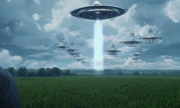 ufo flying over the field, UFO Hovering Over City Street with People Looking Up
