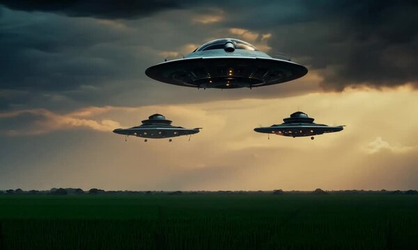 ufo flying over the field, UFO Hovering Over City Street with People Looking Up
