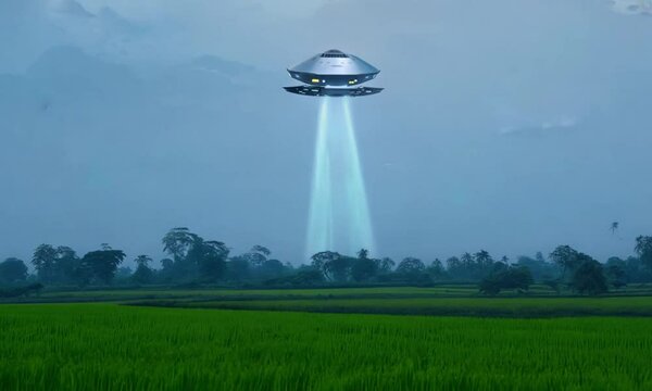 ufo flying over the field, UFO Hovering Over City Street with People Looking Up
