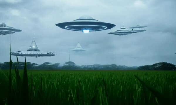 ufo flying over the field, UFO Hovering Over City Street with People Looking Up
