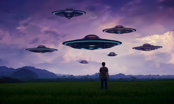ufo flying over the field, UFO Hovering Over City Street with People Looking Up
