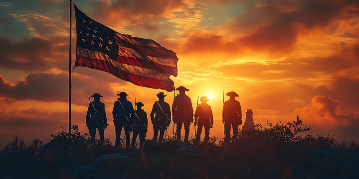 Silhouettes of American soldiers at sunset with a waving flag.