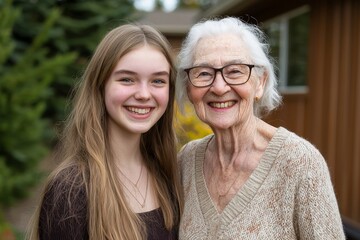 Fototapeta premium Gratitude, family, and an adult daughter embracing an elderly woman in a back yard or park on mothers day.