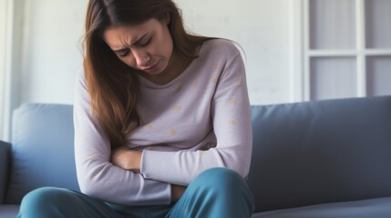 A woman sits on a couch at home, cradling her abdomen in discomfort, vividly portraying the reality of menstrual pain and personal resilience.
