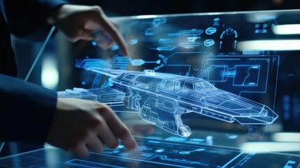 Hands engaging with a holographic spaceship interface, showcasing futuristic technology with intricate blueprints and vivid illumination.