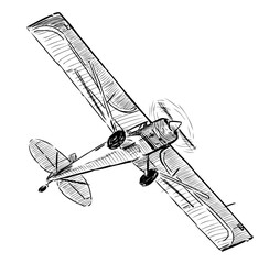 Sketch of retro airplane in flight, hand drawn vector illustration isolated on white