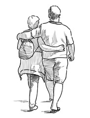 Sketch of casual couple citizens hugging and walking outdoors, back view, realistic hand drawn vector illustration isolated on white