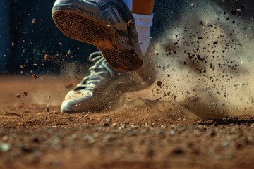 A player making a quick move on a clay tennis court, kicking up dust in the early afternoon light while wearing athletic shoes