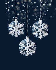 Hanging christmas ball baubles decorated with various white snowflakes and stars on blue background. Flat retro style. Vector EPS10 illustration for greeting card design 