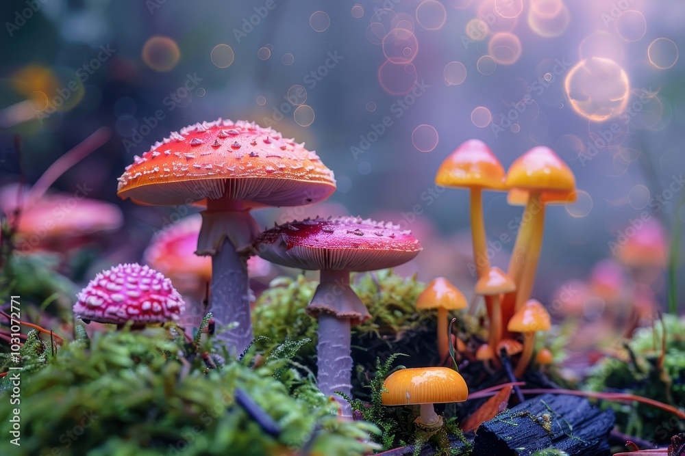 Poster colorful mushrooms growing in a lush, green forest during early morning light with soft bokeh effect