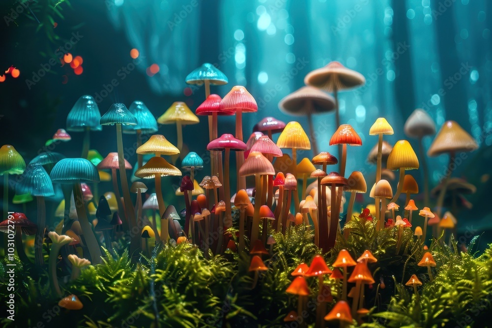 Poster colorful mushrooms growing in a lush, green forest during early morning light with soft bokeh effect
