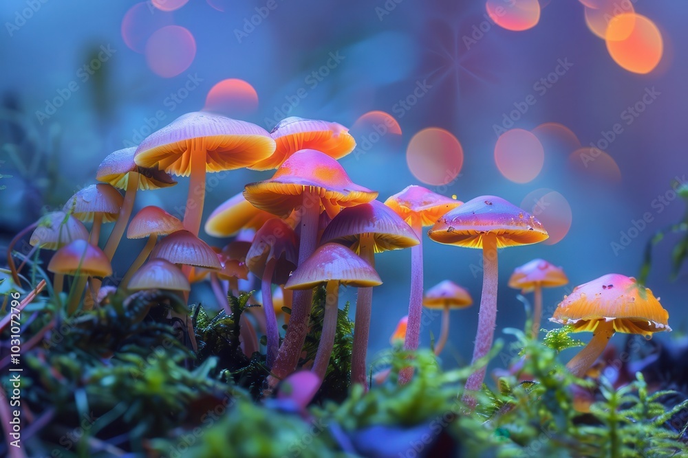 Poster colorful mushrooms growing in a lush, green forest during early morning light with soft bokeh effect