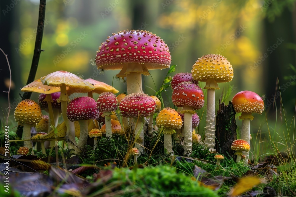 Poster colorful mushrooms growing in a lush, green forest during early morning light with soft bokeh effect