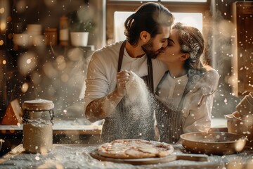 Playful couple kisses in a bustling kitchen while preparing homemade pizza together amidst flour and laughter during a sunny afternoon