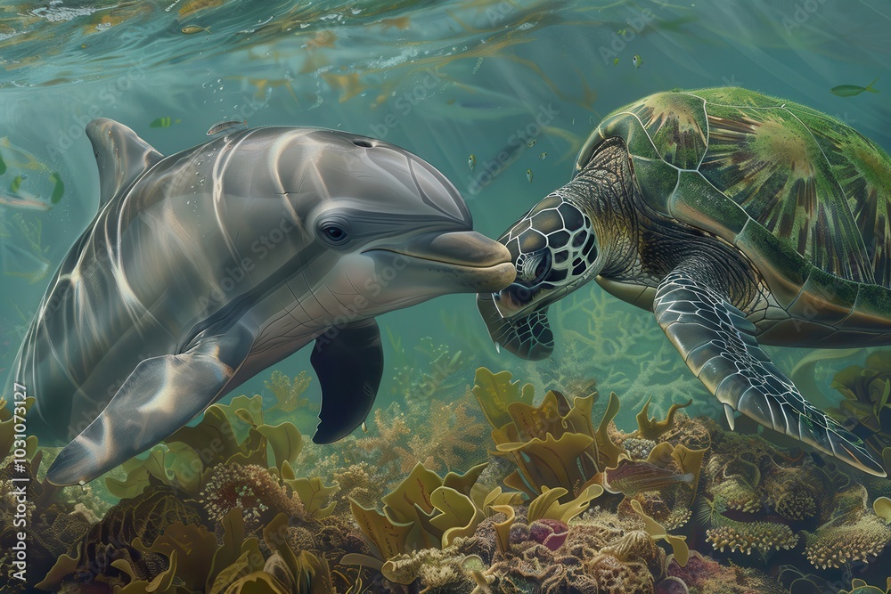 Poster a dolphin and a turtle share a moment of curiosity in clear coastal waters during a sunny day, highl