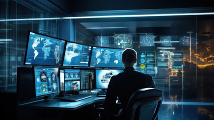 A futuristic robot efficiently operates multiple screens in a high-tech control room, showcasing intelligence and precision in a digital world.