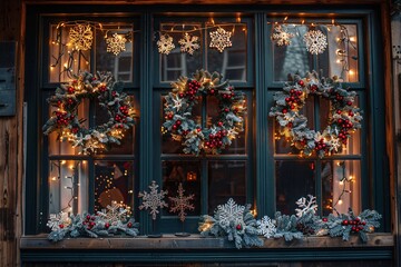 A charming window adorned with several wreaths, twinkling lights, and snowflake decorations captures the cozy atmosphere of the Christmas season.
