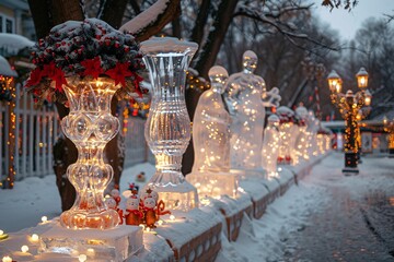 A charming display features intricately carved ice sculptures adorned with festive lights amid a snowy landscape