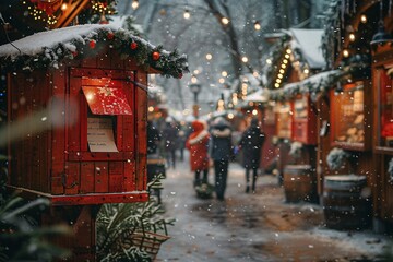 Fototapeta premium The bustling winter market is adorned with colorful lights and decorated stalls while snow gently falls. Visitors dressed warmly stroll through the festive atmosphere, enjoying holiday cheer.