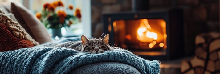 A cat is comfortably lounging on a soft blanket with a warm fireplace in the background, a scene of pure coziness.