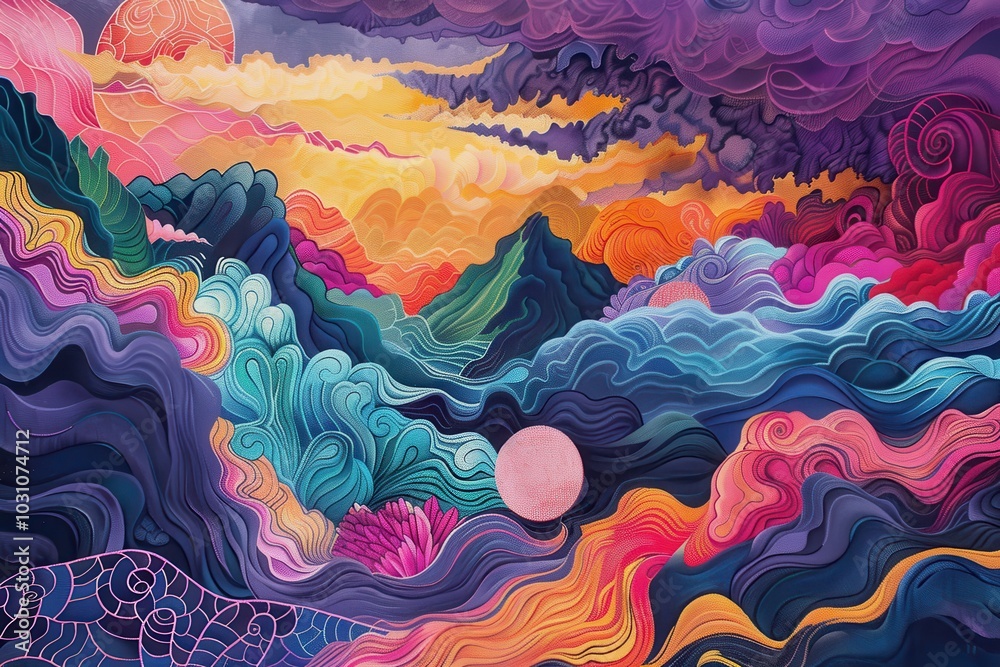 Poster vibrant abstract landscape featuring swirling colors, planets, and intricate patterns, showcasing cr