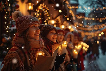 A group of cheerful carolers stands in a snowy village, holding candles and singing together. The atmosphere is festive, adorned with sparkling lights and a gentle snowfall.