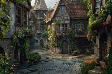 A charming cobblestone pathway through a lush, medieval village with timber-framed houses and blooming vines, capturing the essence of tranquility in a serene landscape