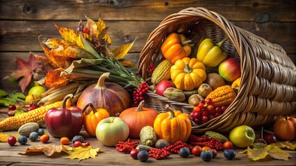 Cornucopia overflowing with fruits, vegetables, and fall leaves