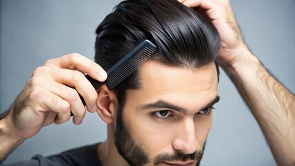 Obraz premium man combing his hair hairstyle black background 