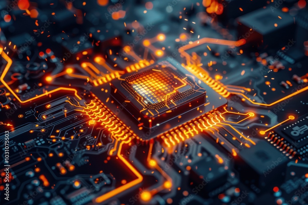 Poster A futuristic digital corridor illuminated by glowing orange circuits and a central luminescent sphere, representing advanced technology in a virtual environment
