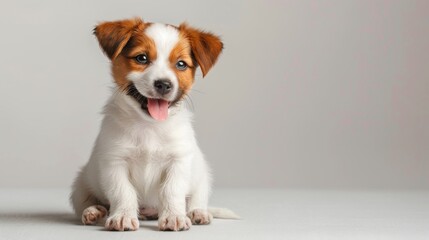 Welsh puppy giving a playful wink and panting, seated on a pristine white backdrop
