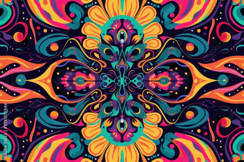 Leinwandbilder Colorful abstract waves with intricate patterns create a vibrant display, showcasing creativity and movement against a dark backdrop, ideal for artwork or design inspiration